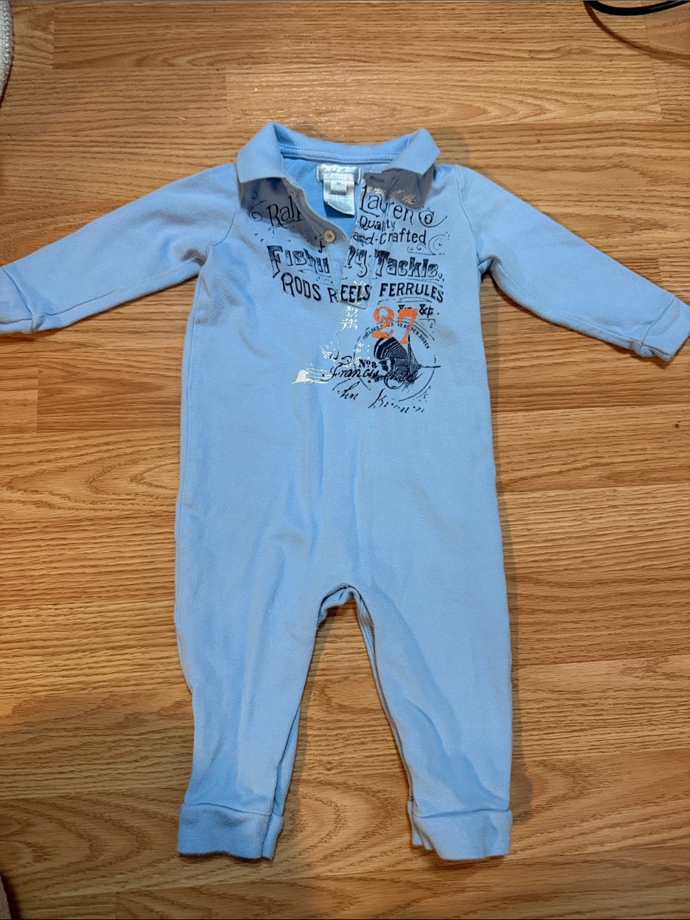 Ralph Lauren Light Blue Baby One-Piece Romper with Fishing Graphic